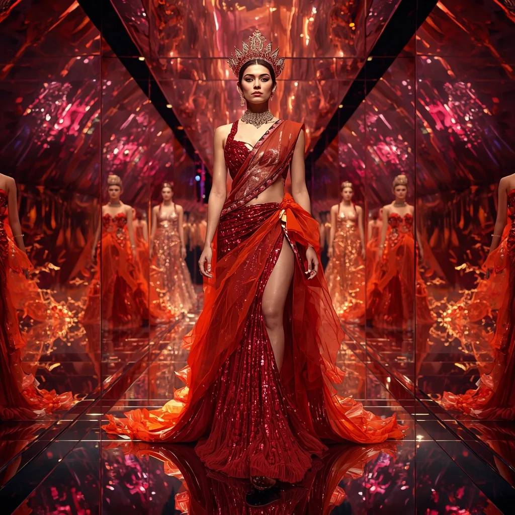 Ruby Inferno Quantum Queen Saree with Five Hundred Runway Poses and Prism Reflection Hypercosmos | Makeup Ai Prompt