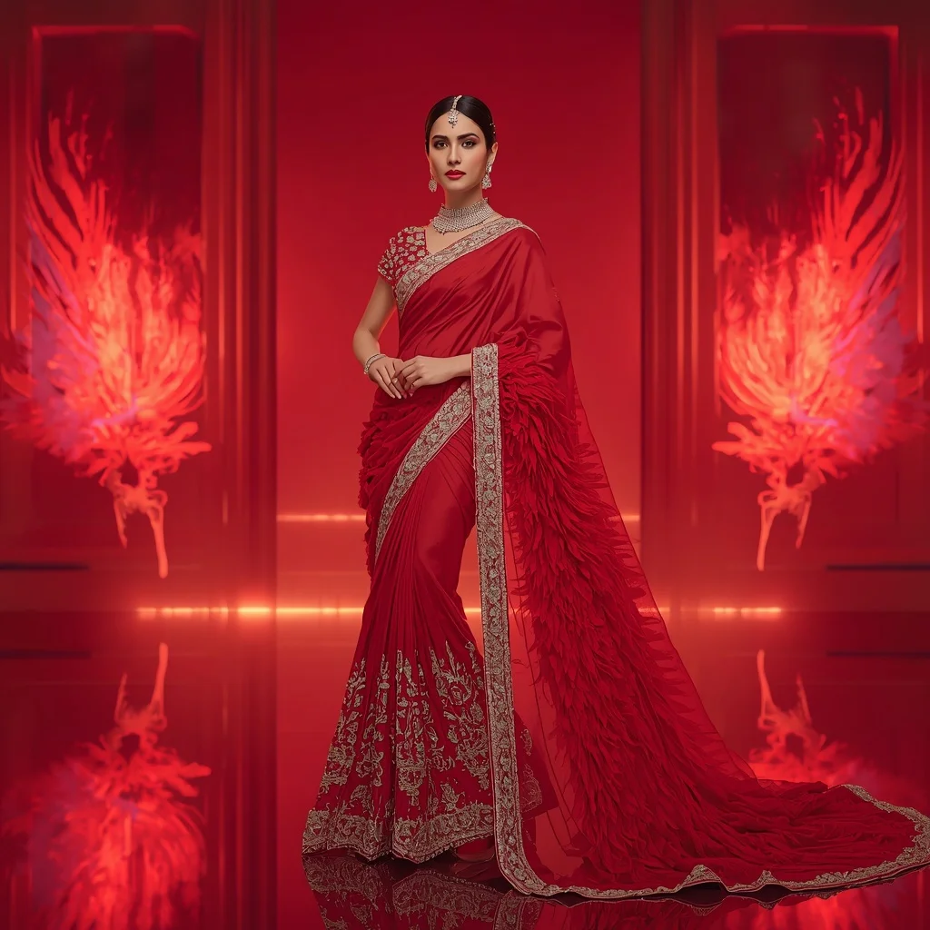Ruby Phoenix Aurora Saree – Heavy Bridal Glam Saree with Royal Pose and Phoenix Aurora Kingdom Background | Grok Ai Prompt