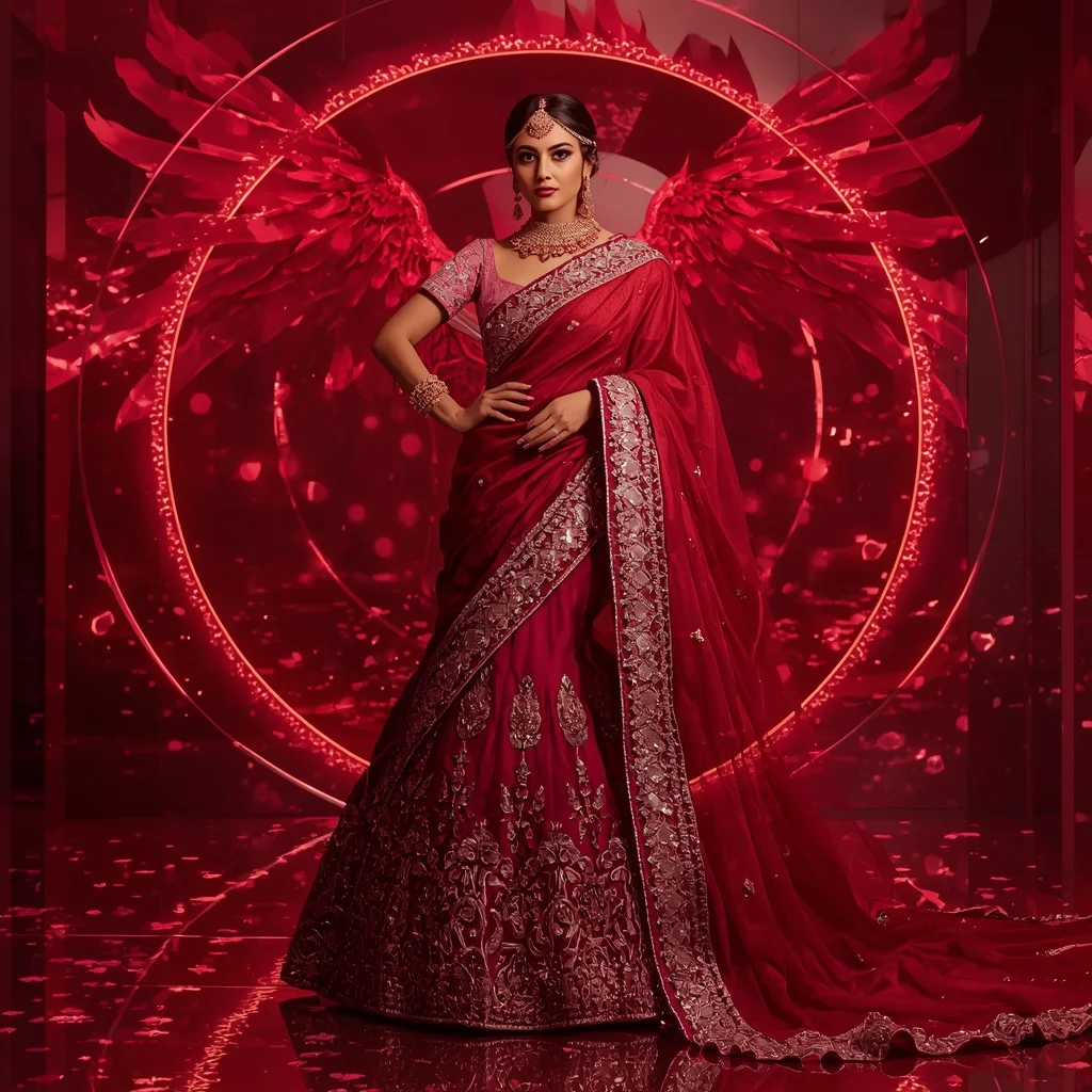 Ruby Phoenix Mirage Saree – Heavy Bridal Glam Saree with Royal Pose and Phoenix Mirage Kingdom Background | Prompt Seen Girl Photo Editing Trending
