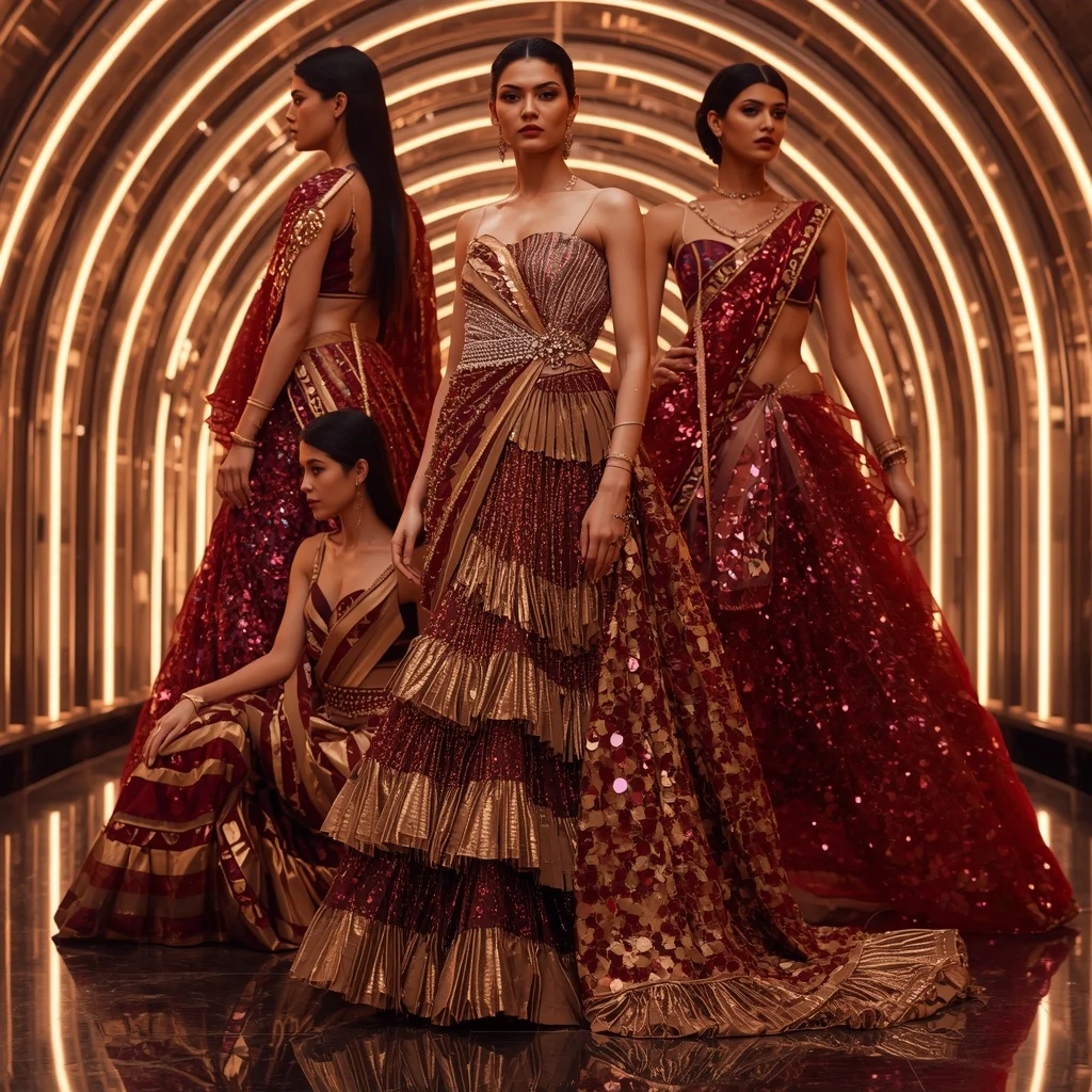 Ruby Prism Metallic Saree with Curved Neon Arc Corridor | Ai Image Prompt