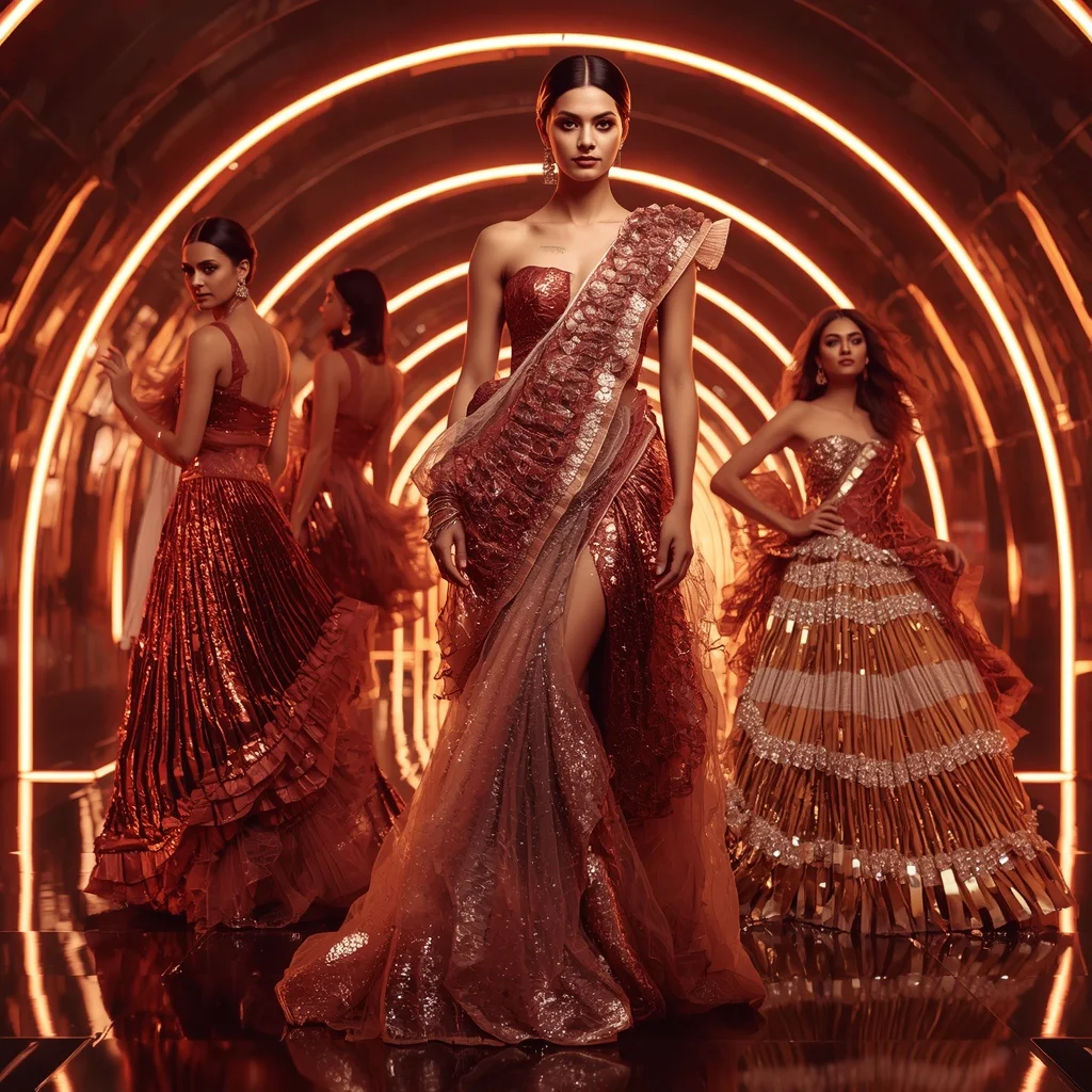 Ruby Prism Metallic Saree with Curved Neon Arc Corridor | Fashion Ai Prompt