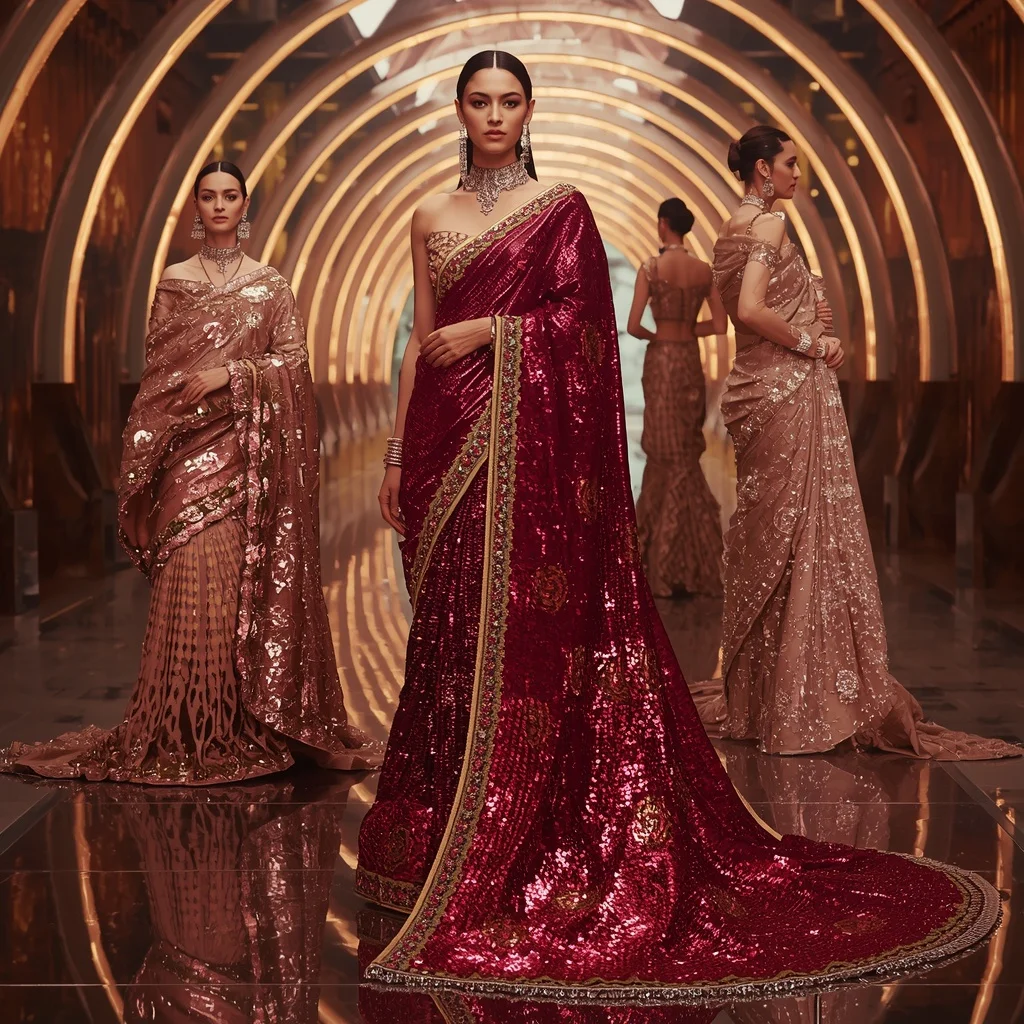 Ruby Prism Metallic Saree with Curved Neon Arc Infinity Crystal Cathedral | Stable Diffusion Prompt