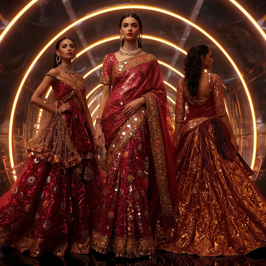 Ruby Prism Metallic Saree with Curved Neon Arc Infinity Fortress | New Instagram Trend Prompt For Girl Love Copy And Paste