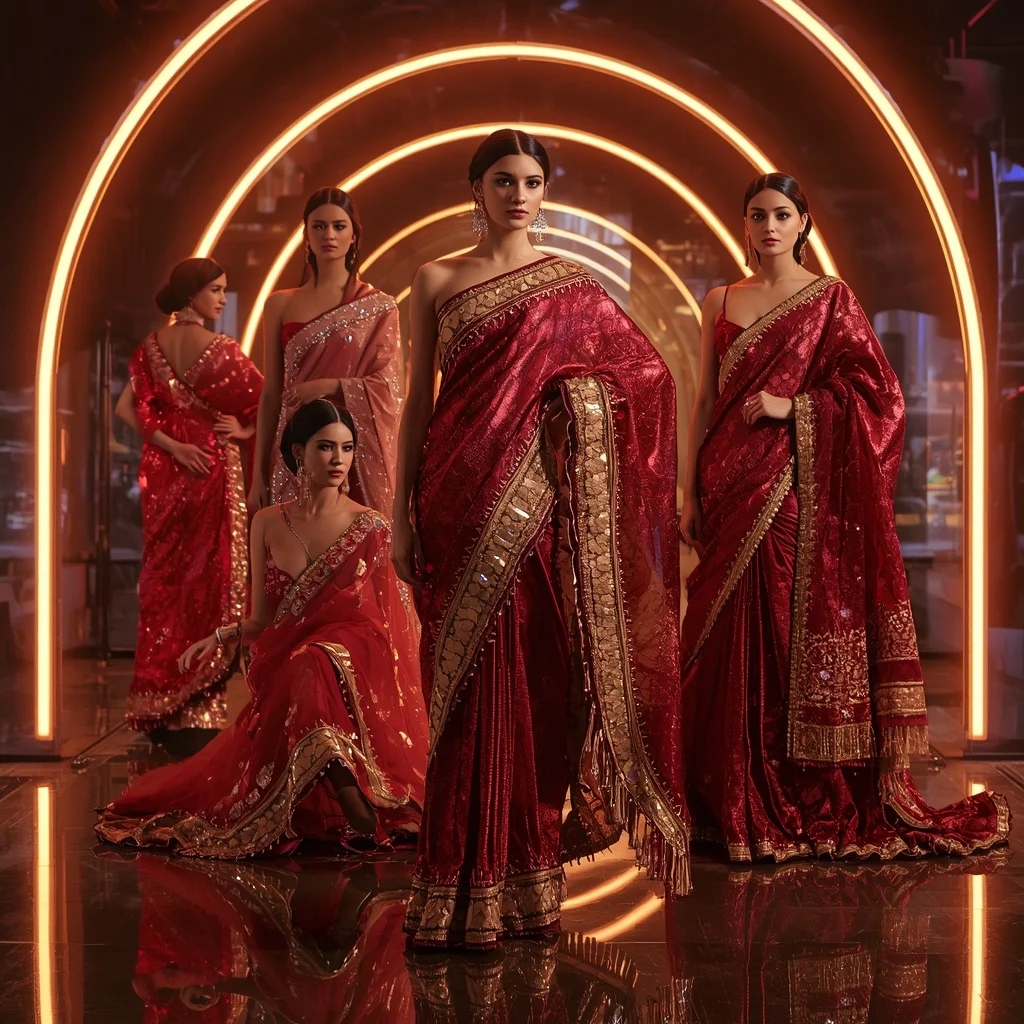 Ruby Prism Metallic Saree with Curved Neon Arc Sanctuary | Prompt Generator