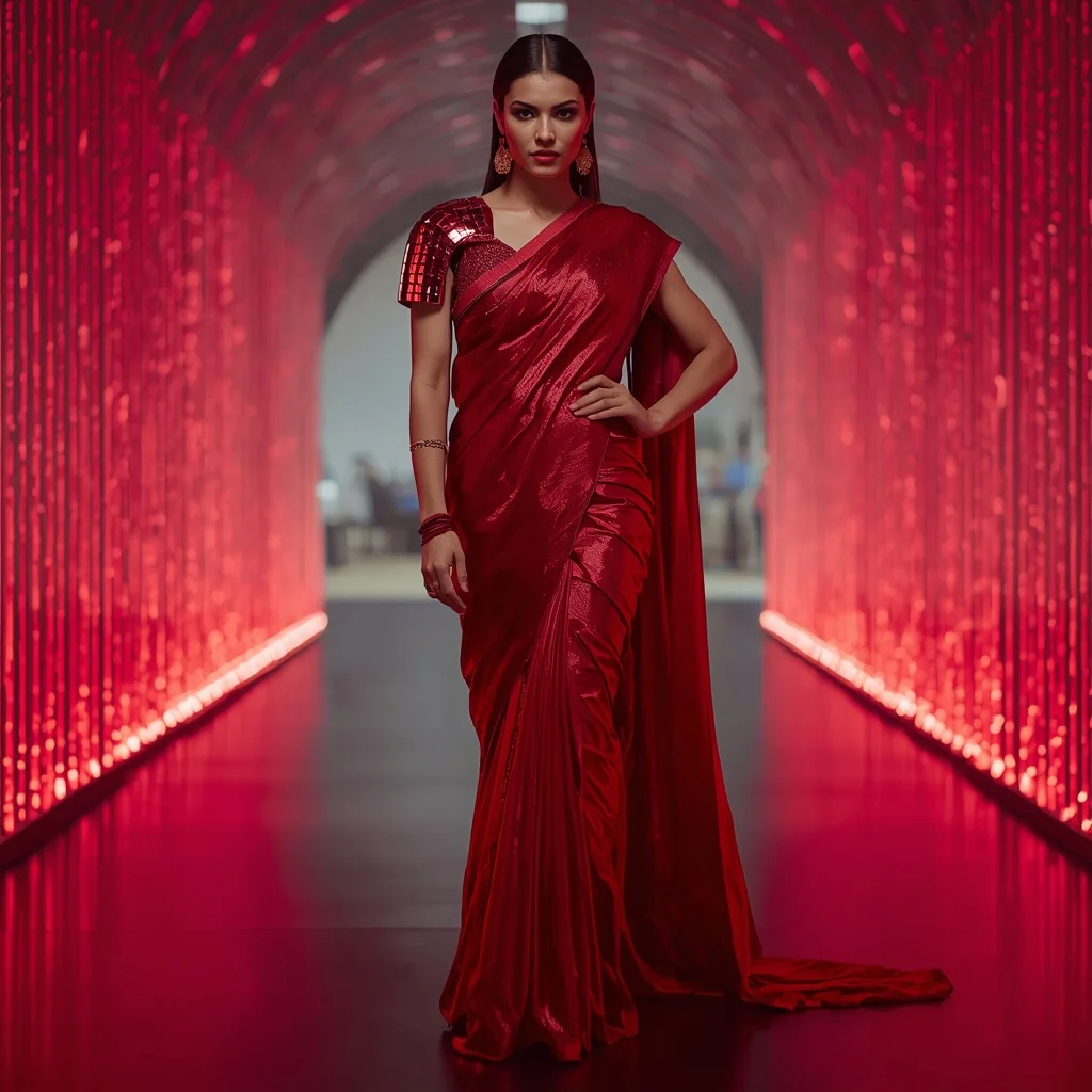 Ruby Red Armor-Drape Saree in Digital Waterfall Gallery | Viral Ai Image Prompt