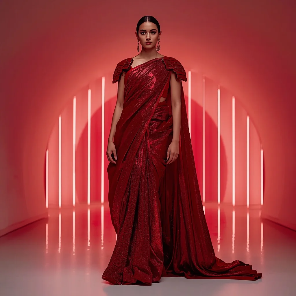 Ruby Red Armor-Drape Saree with Digital Waterfall Gallery | Gemini Ai Prompt For Girl
