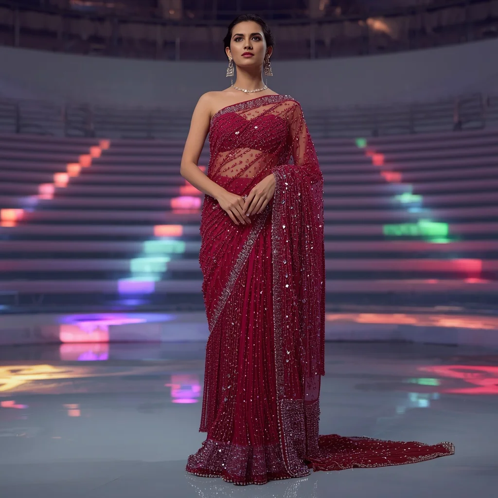 Ruby Red Net Saree with Swarovski Overload and Beaded Fringes | Ai Portrait Prompt