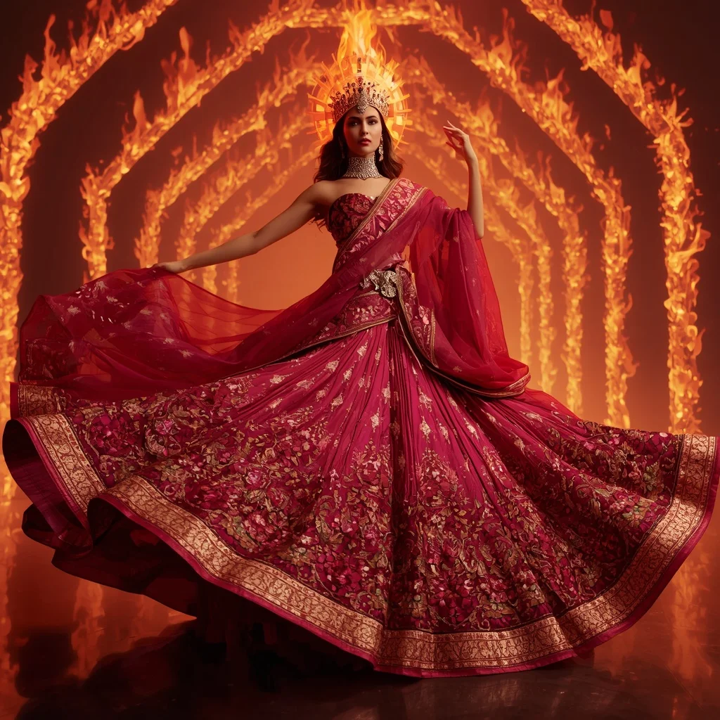 Ruby Solar Crown Saree with Floating Fire Arches and Inferno Royal Sanctuary | Prompt Generator