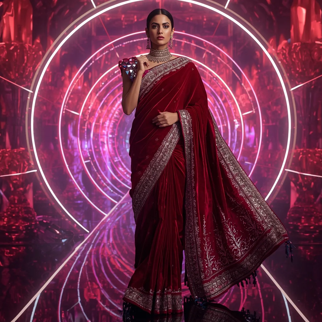 Ruby Velvet Galaxy Saree with Infinity Dome Neon Crystal Empire | Cute Girl Ai Prompt