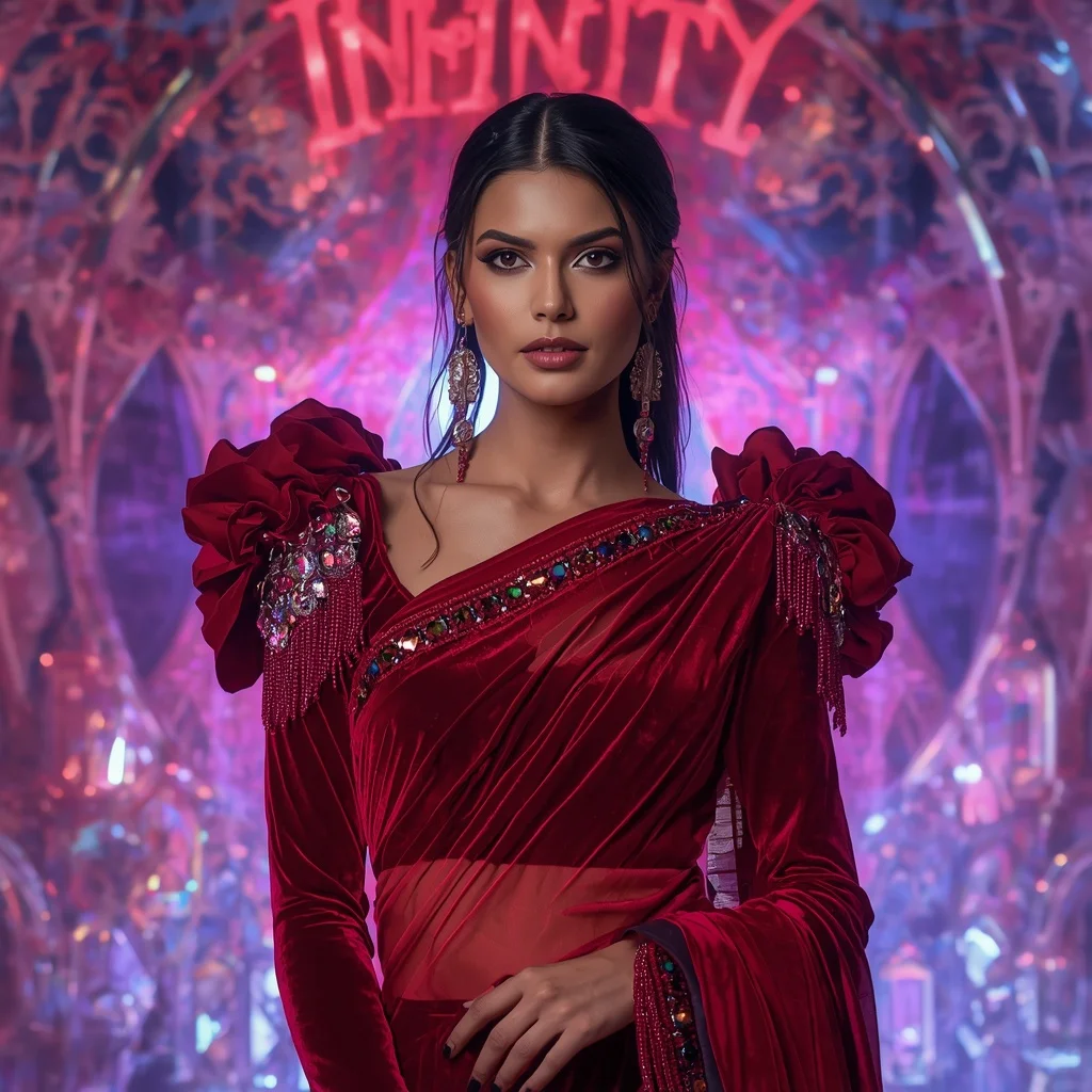 Ruby Velvet Prism Saree with Infinity Dome Neon Crystal Palace | Prompt Ai For Girl Aesthetic