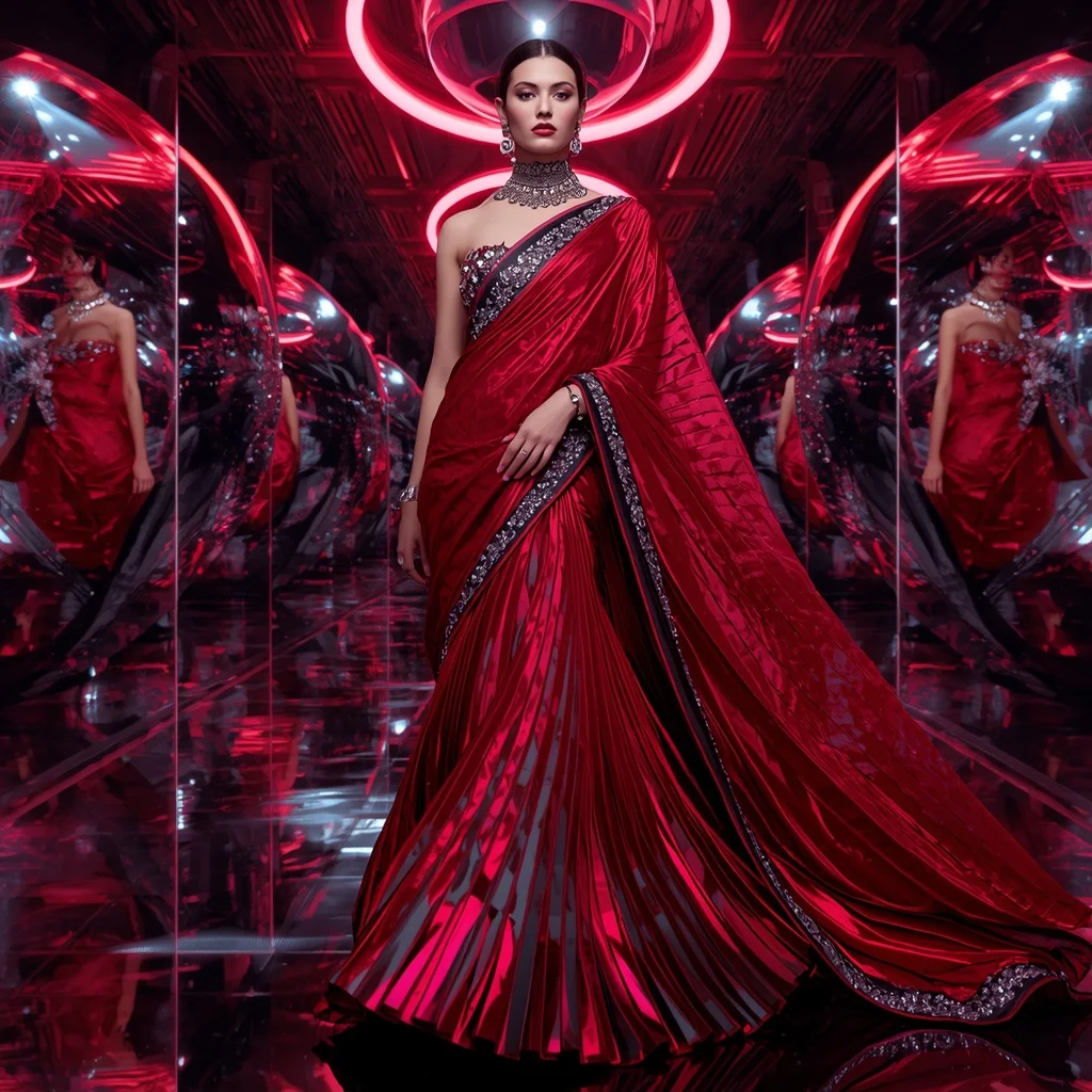 Ruby Voltage Eclipse Saree with Mirror Sphere Neon Universes | Free Ai Prompt