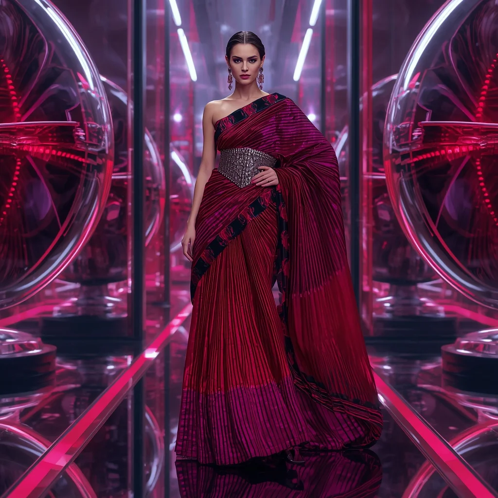Ruby Voltage Infinity Saree with Mirror Sphere Neon Dimensions | Prompt For Gemini AI Girl