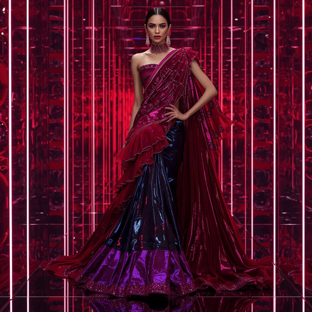 Ruby Voltage Mirage Saree with Mirror Sphere Neon Corridors | Wedding Ai Prompt