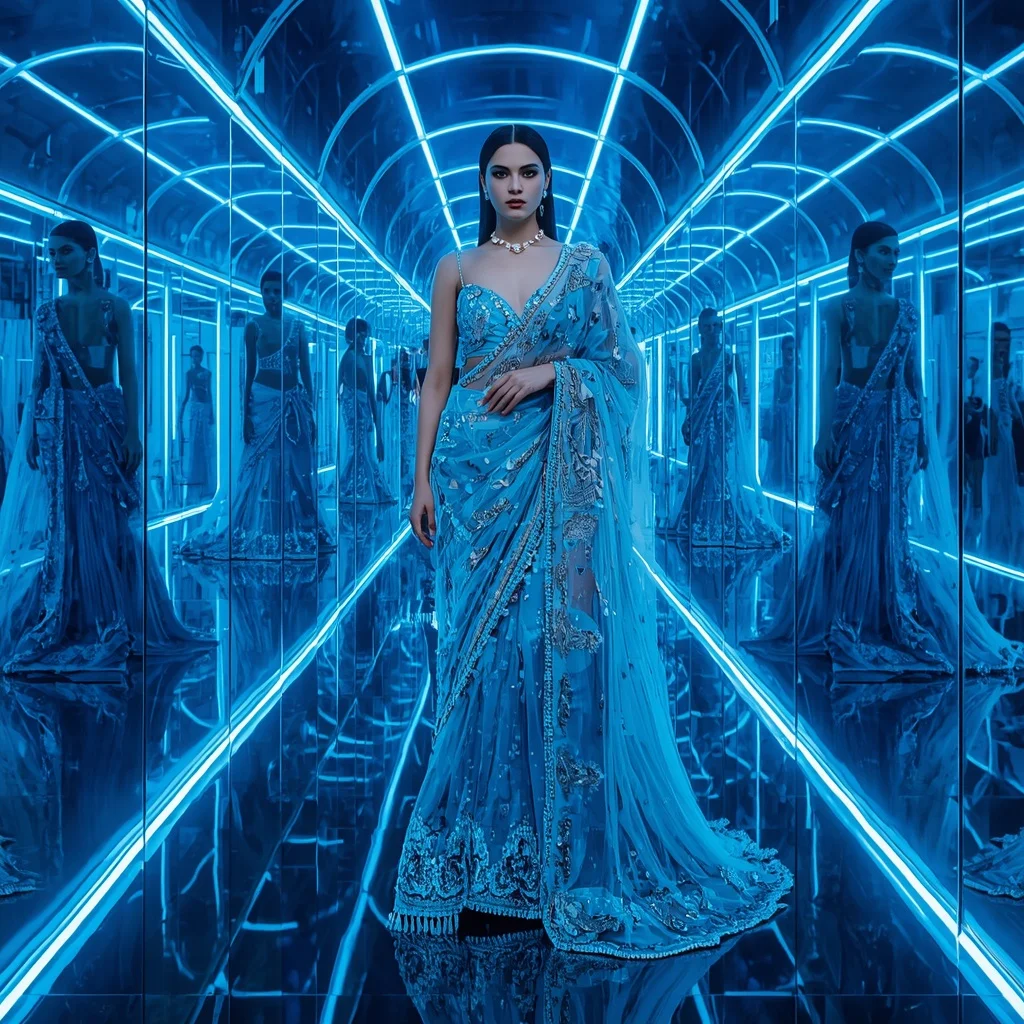 Sapphire Aurora Crystal Saree with Neon Infinity Mirror Corridor | Indian Girl Ai Prompt