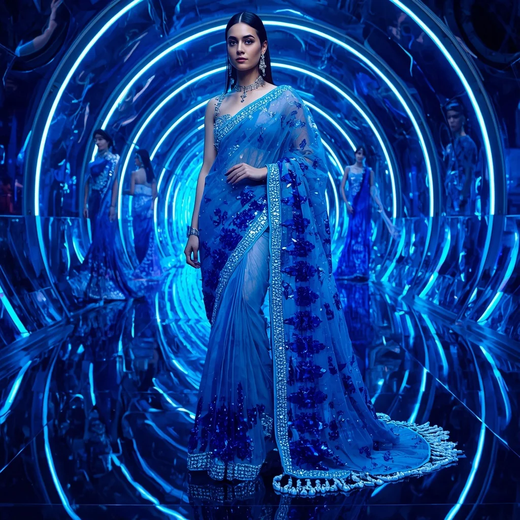 Sapphire Aurora Crystal Saree with Neon Infinity Orbit Palace | Viral Instagram Ai Prompt