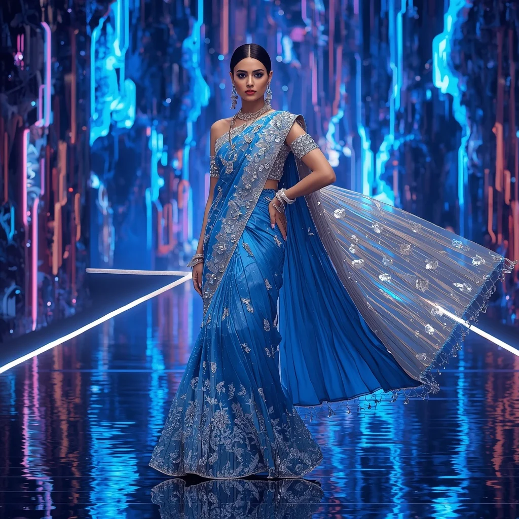 Sapphire Aurora Fantasy Saree with Floating LED Fortress | Gemini Ai Photo Prompt