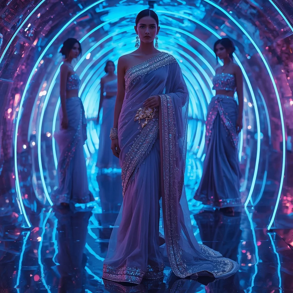 Sapphire Aurora Flame Saree with Neon Infinity Crystal Tunnel | Sora Ai Prompt