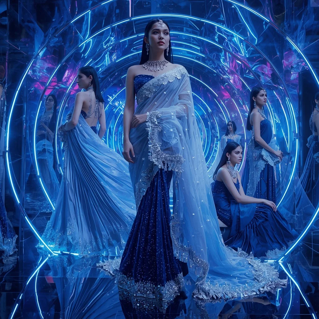 Sapphire Aurora Galaxy Saree with Neon Crystal Infinity Dome | Girl Photo Prompt Gemini