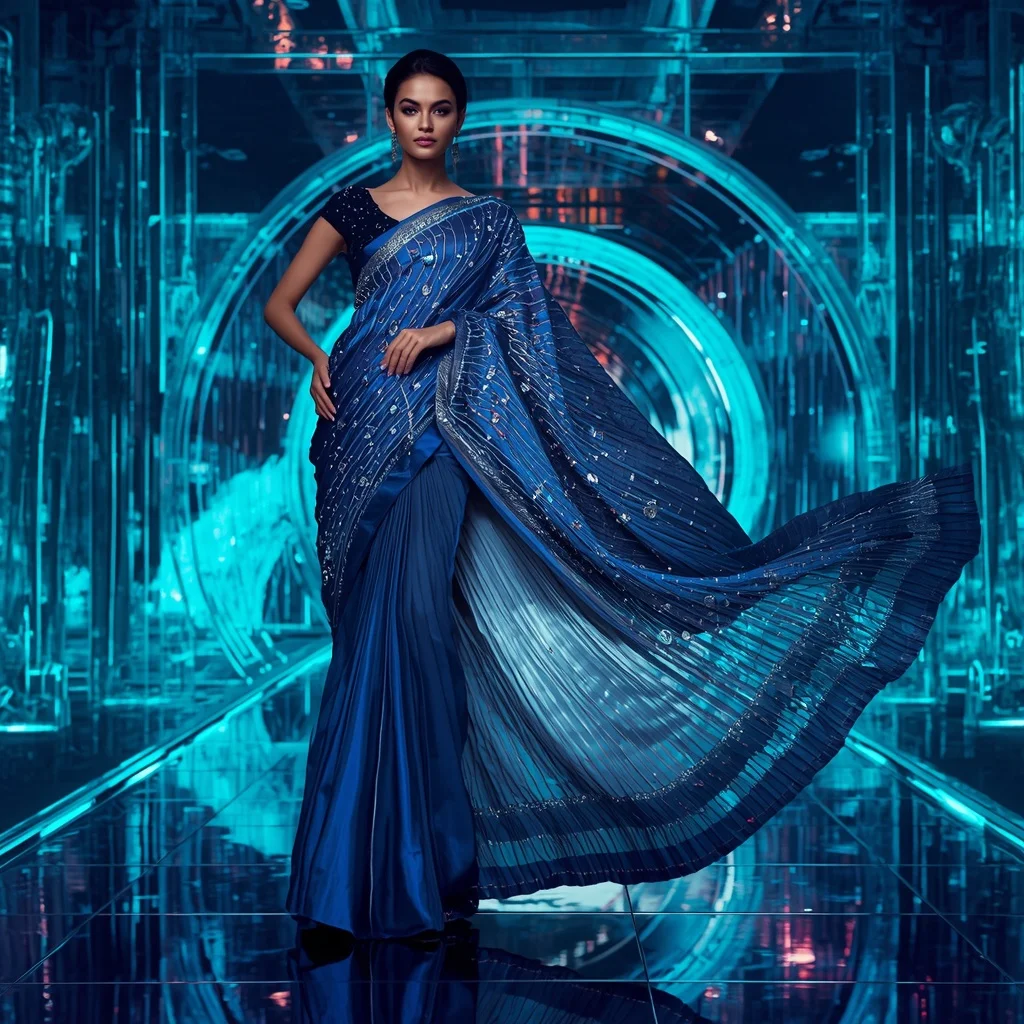 Sapphire Aurora Infinity Saree with Crystal Water Galaxy Dome | Instagram Profile Pic Ai Prompt