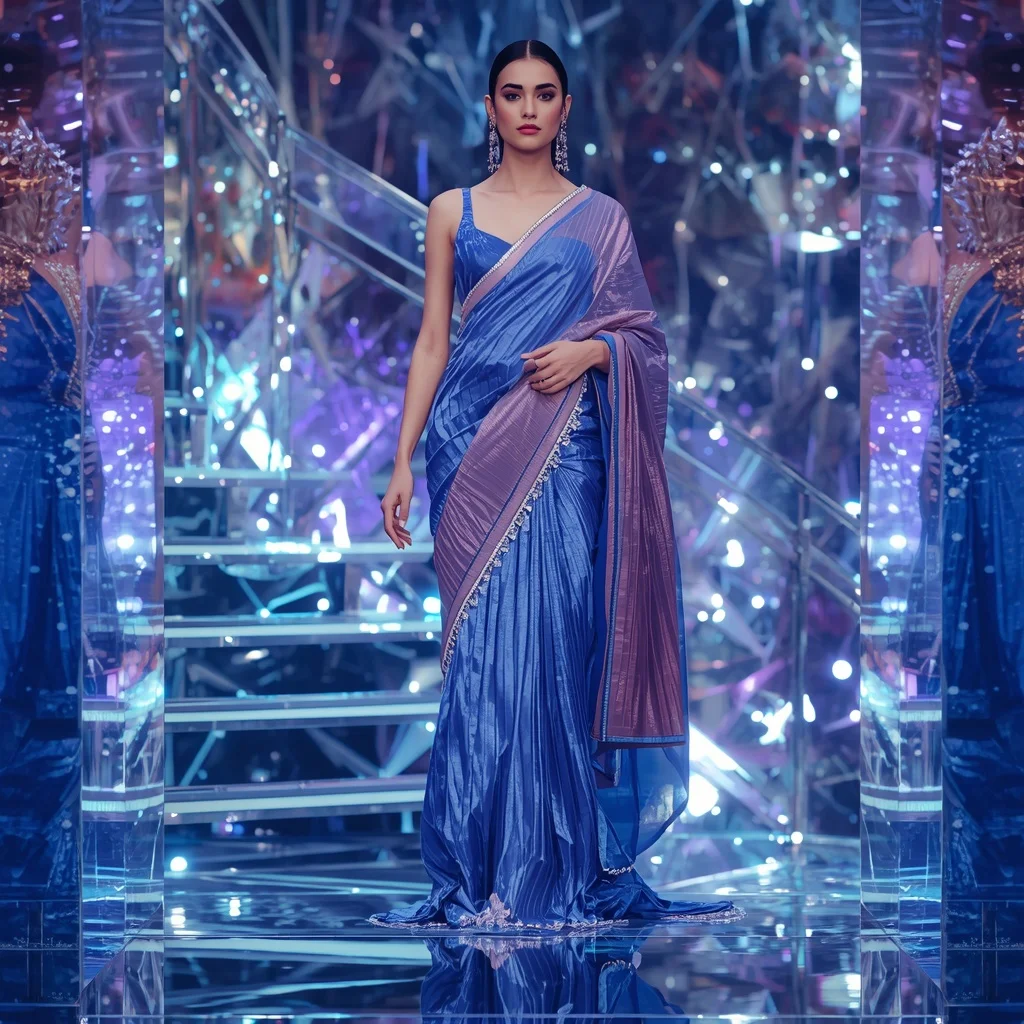 Sapphire Aurora Mirage Saree with Floating Prism Reflection Infinity Orbit Staircase | Romantic Ai Prompt