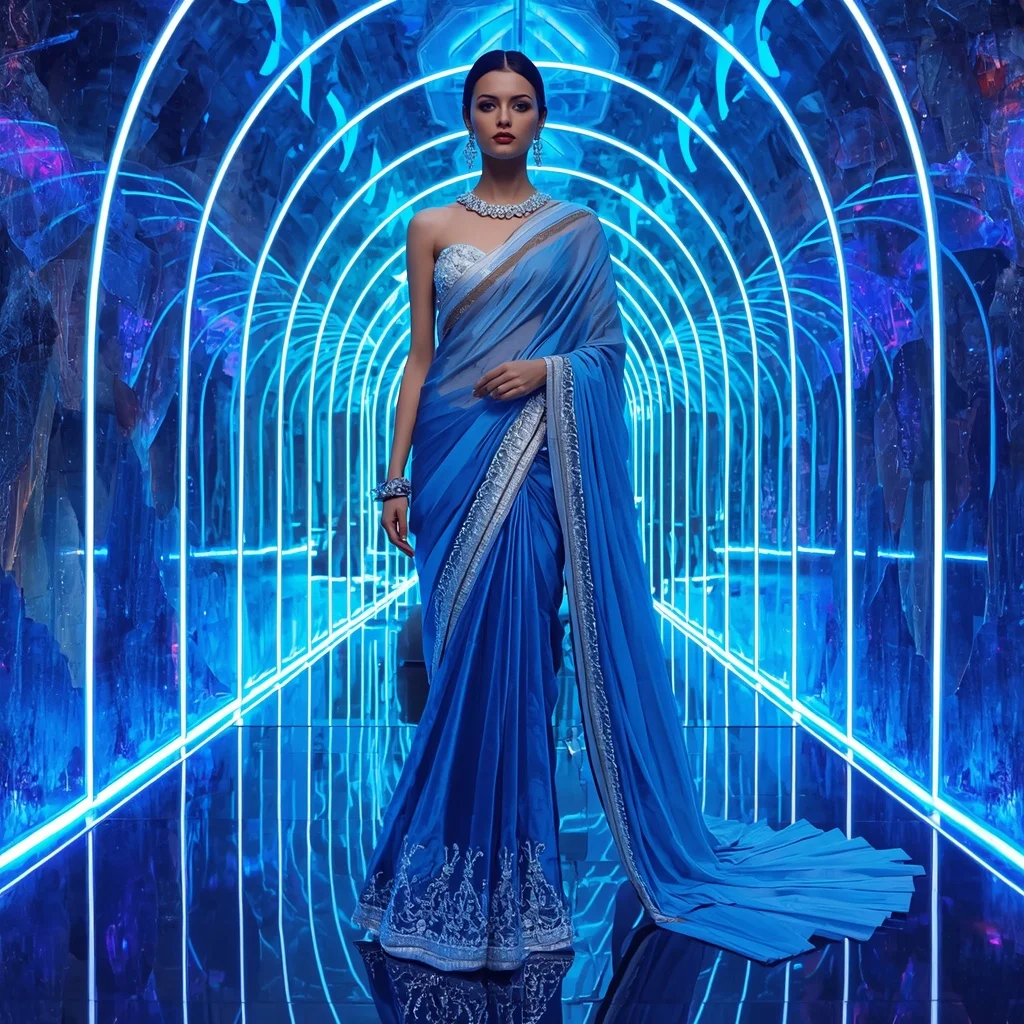 Sapphire Aurora Mirage Saree with Neon Crystal Corridor | Fantasy Ai Prompt