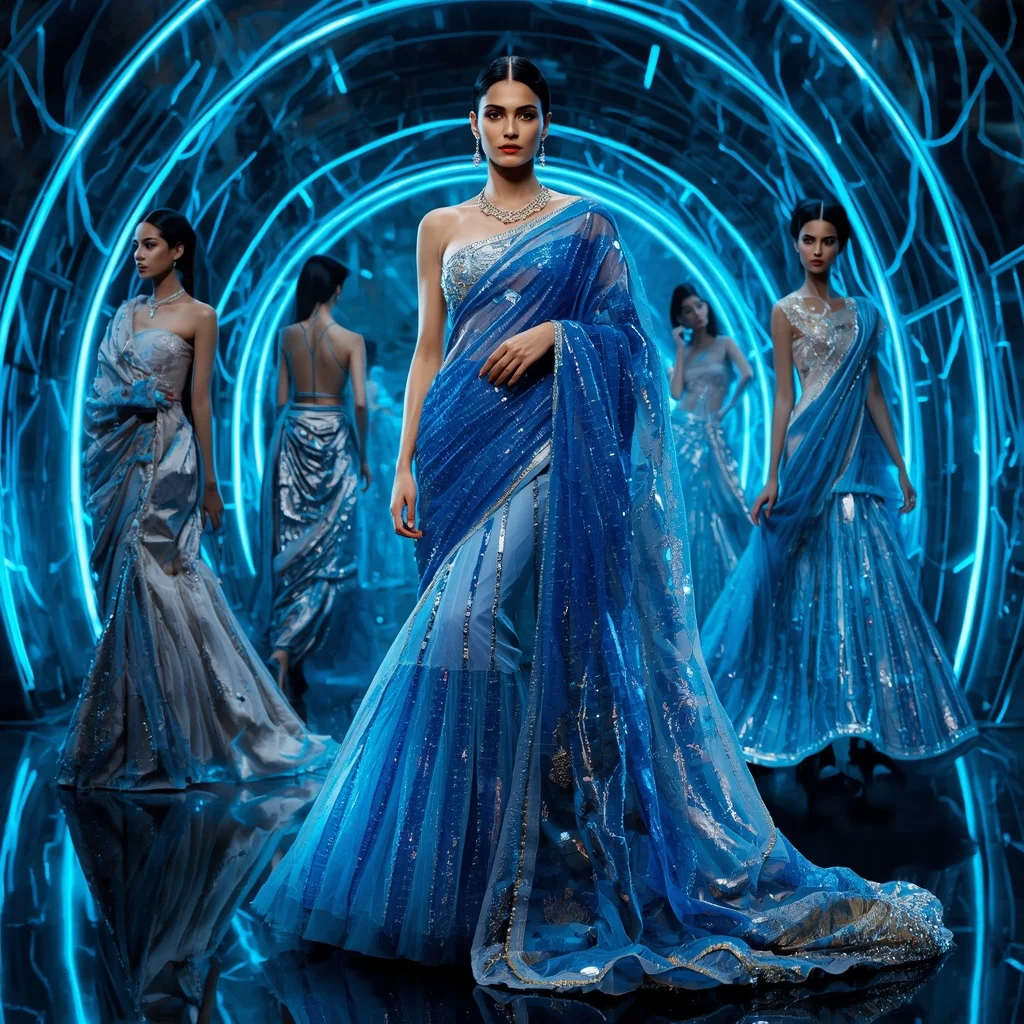 Sapphire Aurora Thunder Saree with Neon Prism Palace | Ai Image Generator Prompt