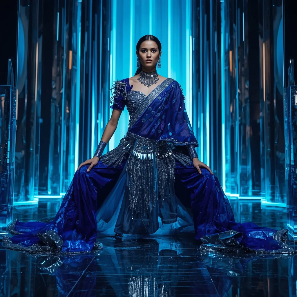 Sapphire Blade Inferno Saree with Neon Crystal Citadel | South Indian Prompt For Girl ChatGPT