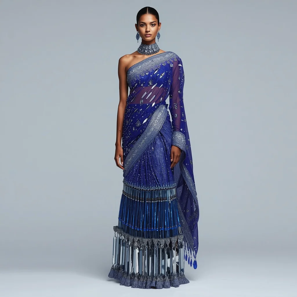 Sapphire Blade Mirage Saree with Neon Crystal Citadel | Gemini Girl Photo Prompt Saree