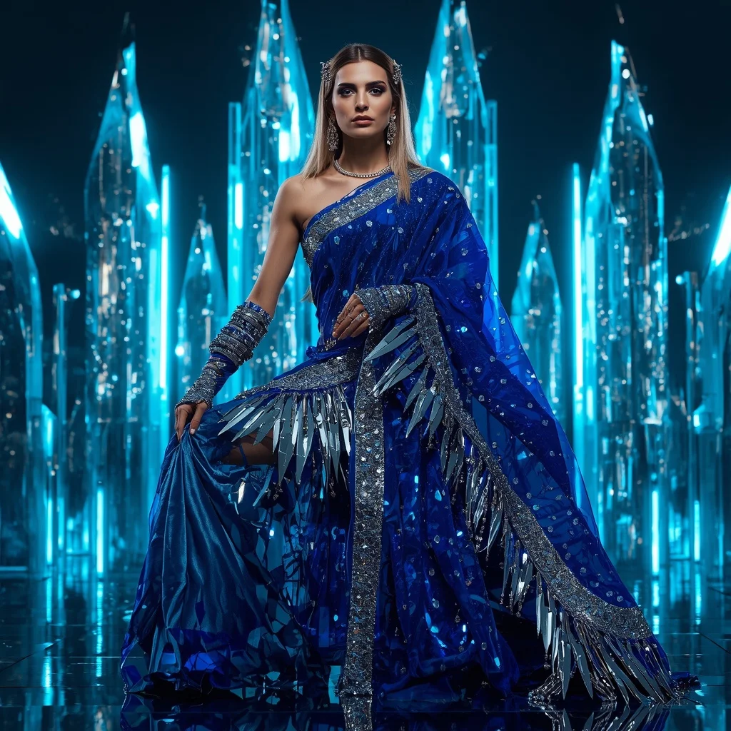 Sapphire Blade Royale Saree with Neon Crystal Fortress | Midjourney Prompt List