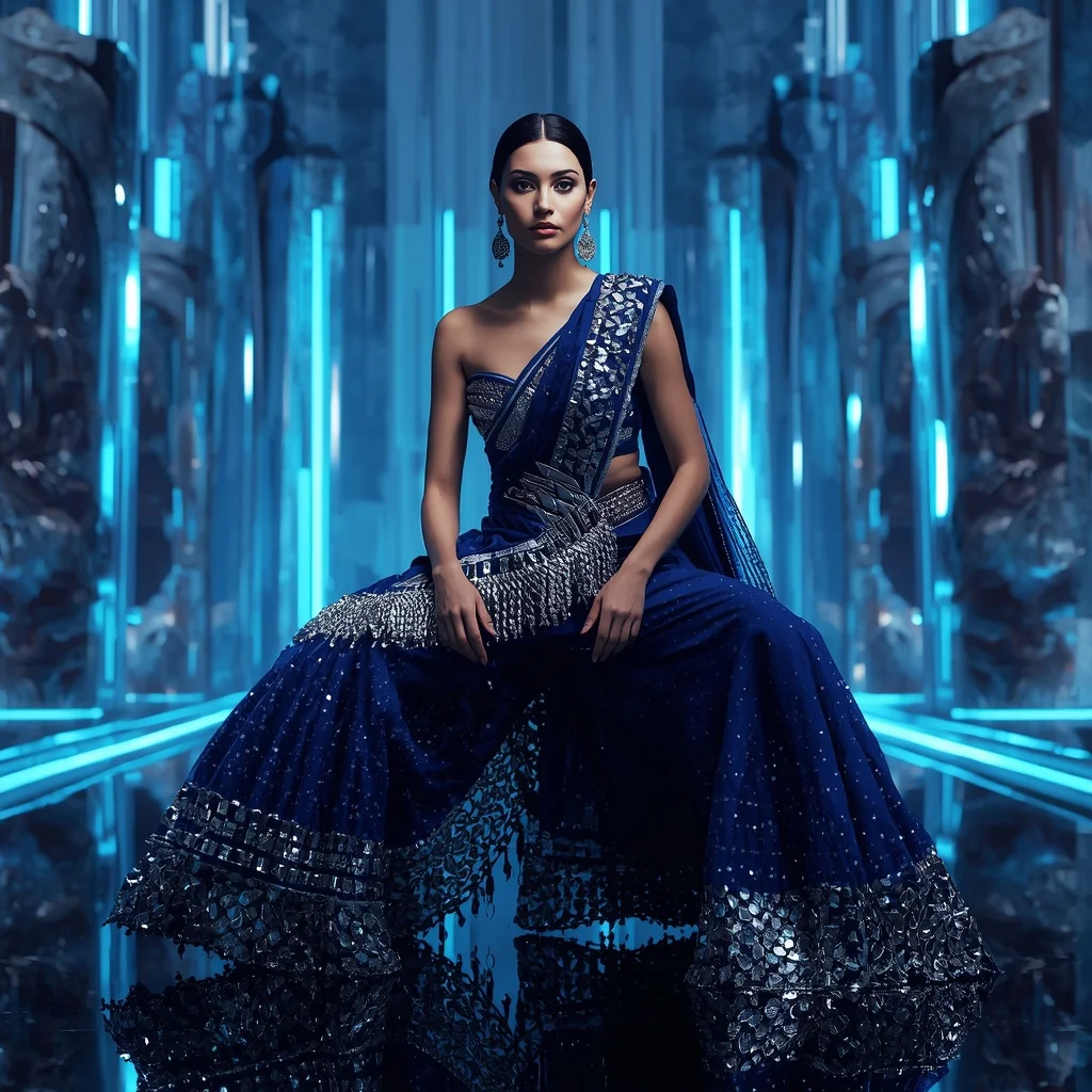 Sapphire Blade Royale Saree with Neon Crystal Fortress | Command Prompt