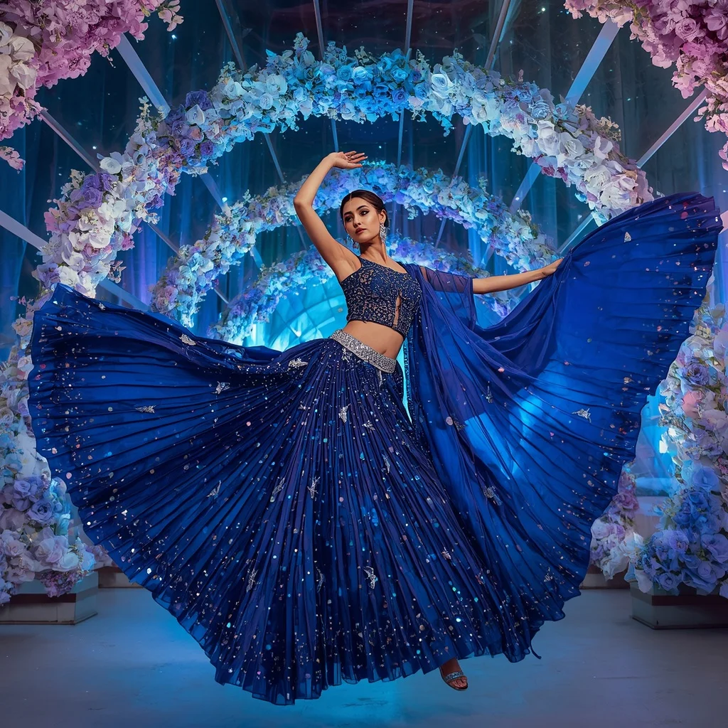 Sapphire Butterfly Aurora Saree with Celestial Crystal Garden Dome | Editing Prompt Girl Aesthetic