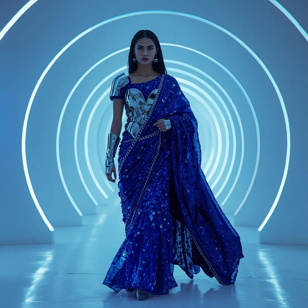Sapphire Crystal and Silver Armor Saree with Neon Spiral Hall