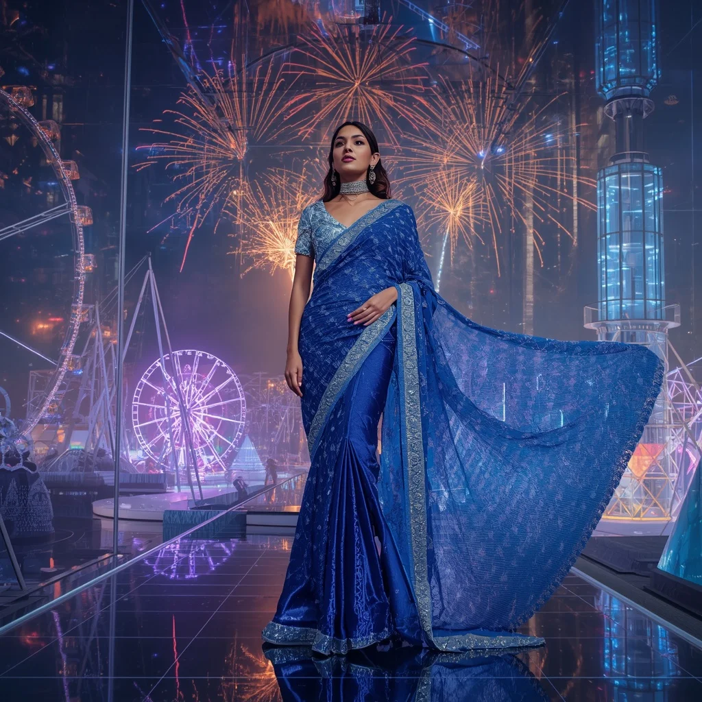 Sapphire Crystal Carnival Saree with Floating Celebration Empire | Fashion Ai Prompt