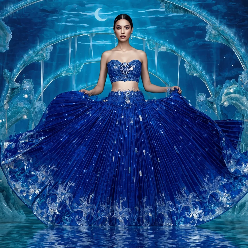 Sapphire Crystal Whale Saree with Floating Ocean Arches and Moonwater Kingdom | Desi Girl Ai Prompt