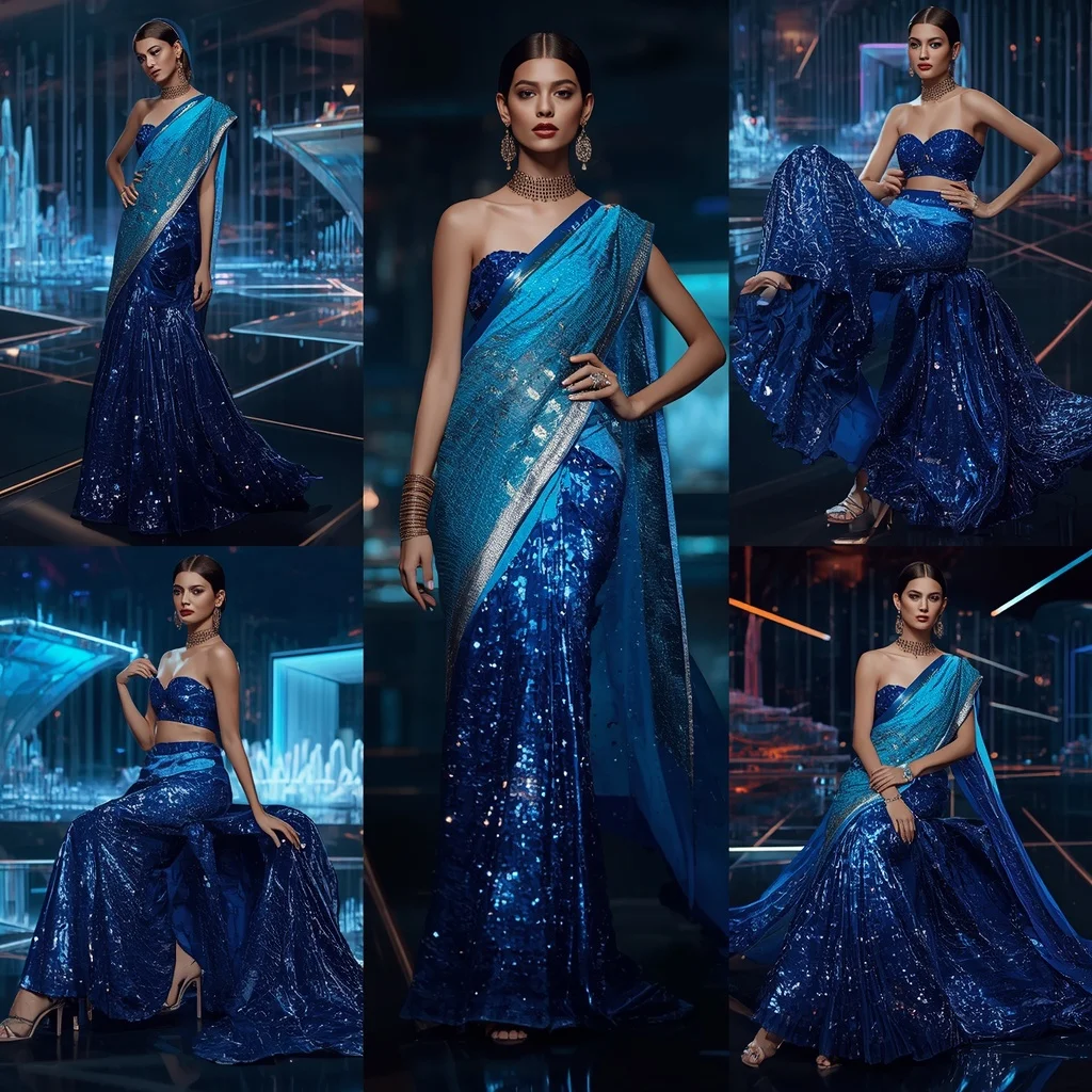 Sapphire Eclipse Festival Saree with Floating Infinity Crystal Marina | Cute Girl Ai Prompt