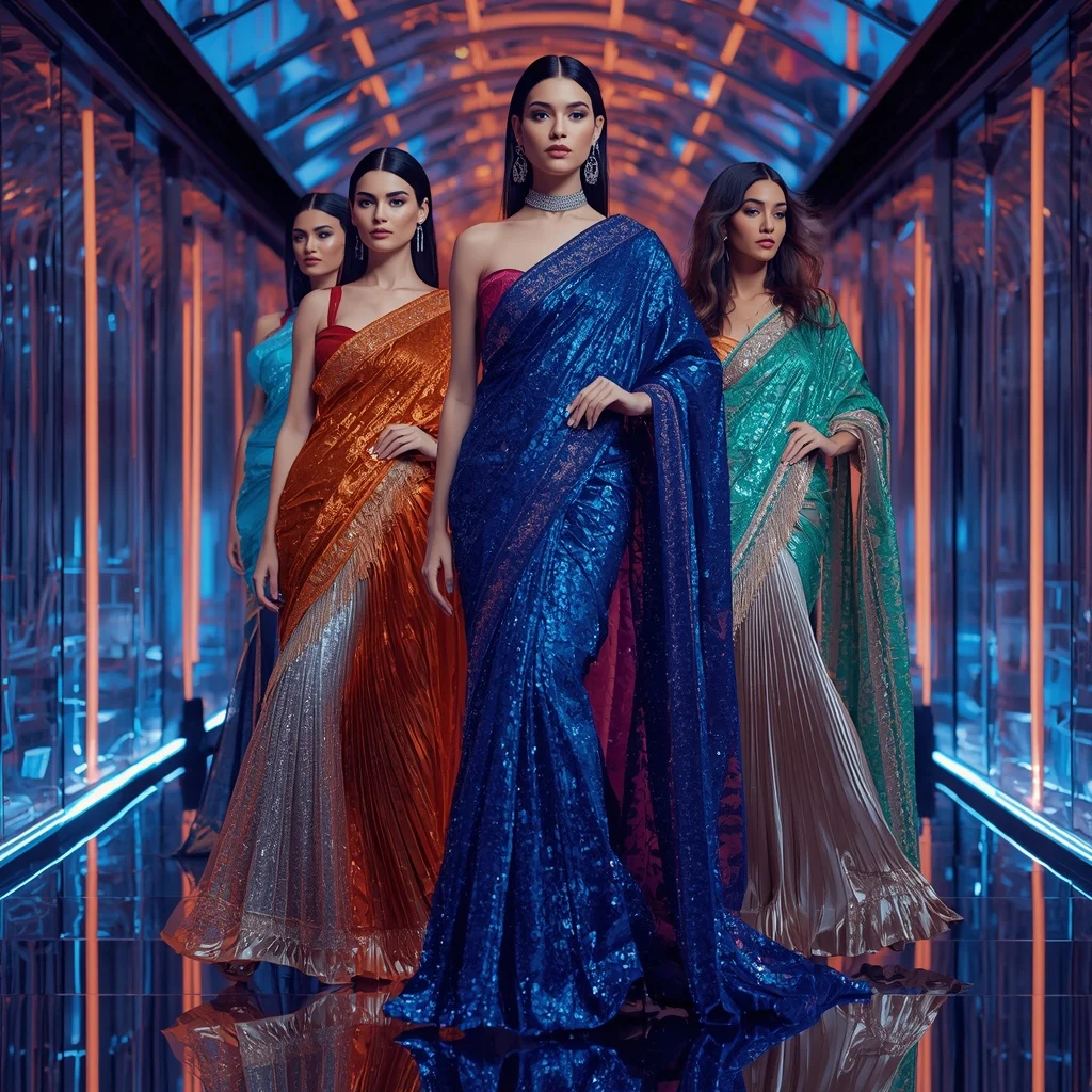 Sapphire Flame Celestial Megaverse Saree with Multi Motion Poses and Neon Water Prism Infinite Hyperrealm | Instagram Model Ai Prompt