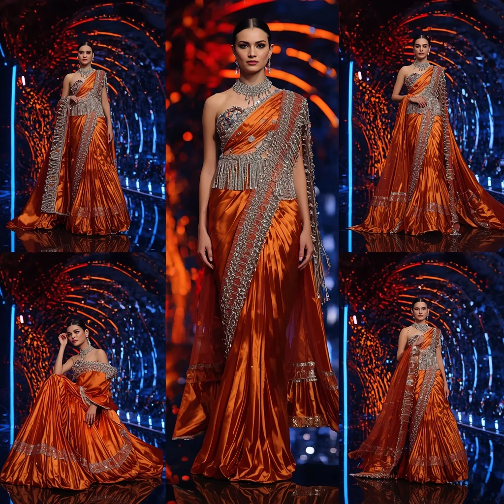 Sapphire Flame Queen Saree with Neon Lava Orbit Fortress | Ai Portrait Prompt