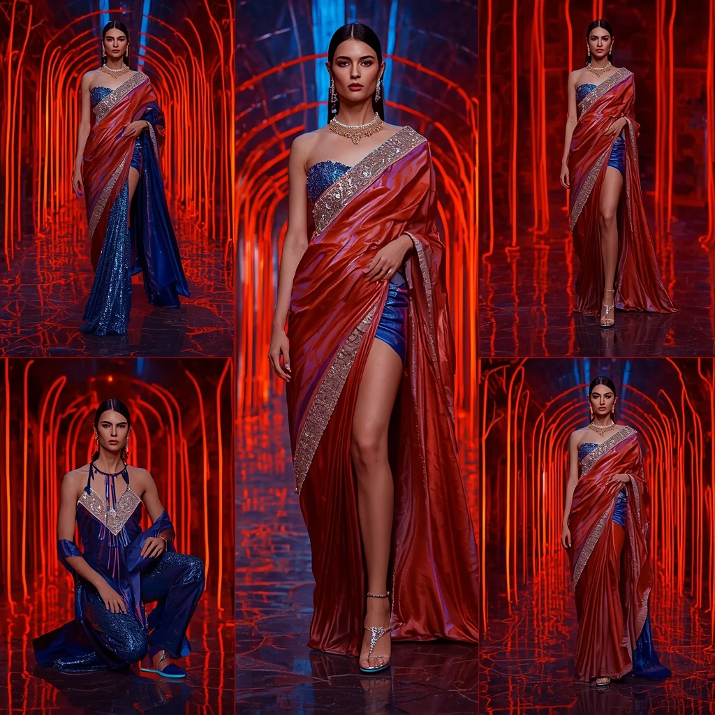 Sapphire Flame Queen Saree with Neon Lava Palace | Gemini Ai Prompt