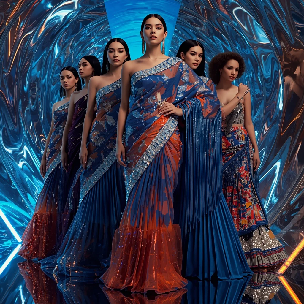 Sapphire Flame Supreme Saree with Multi Motion Poses and Neon Water Prism Universe | Prompt For Gemini