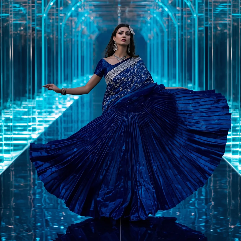 Sapphire Ice Aurora Saree with Crystal Water Infinity Hallways | Motivation Ai Prompt