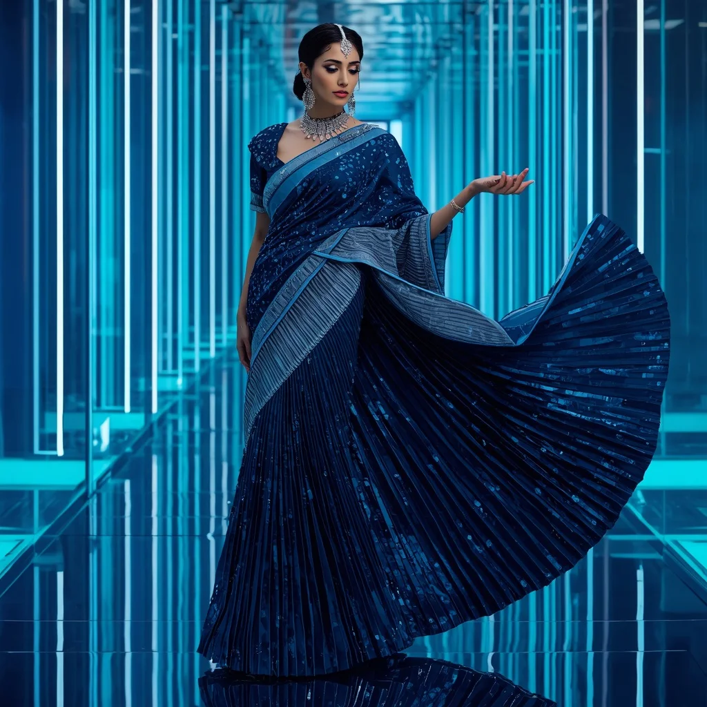 Sapphire Ice Mirage Saree with Infinity Prism Water Corridors | Whatsapp Dp Ai Prompt
