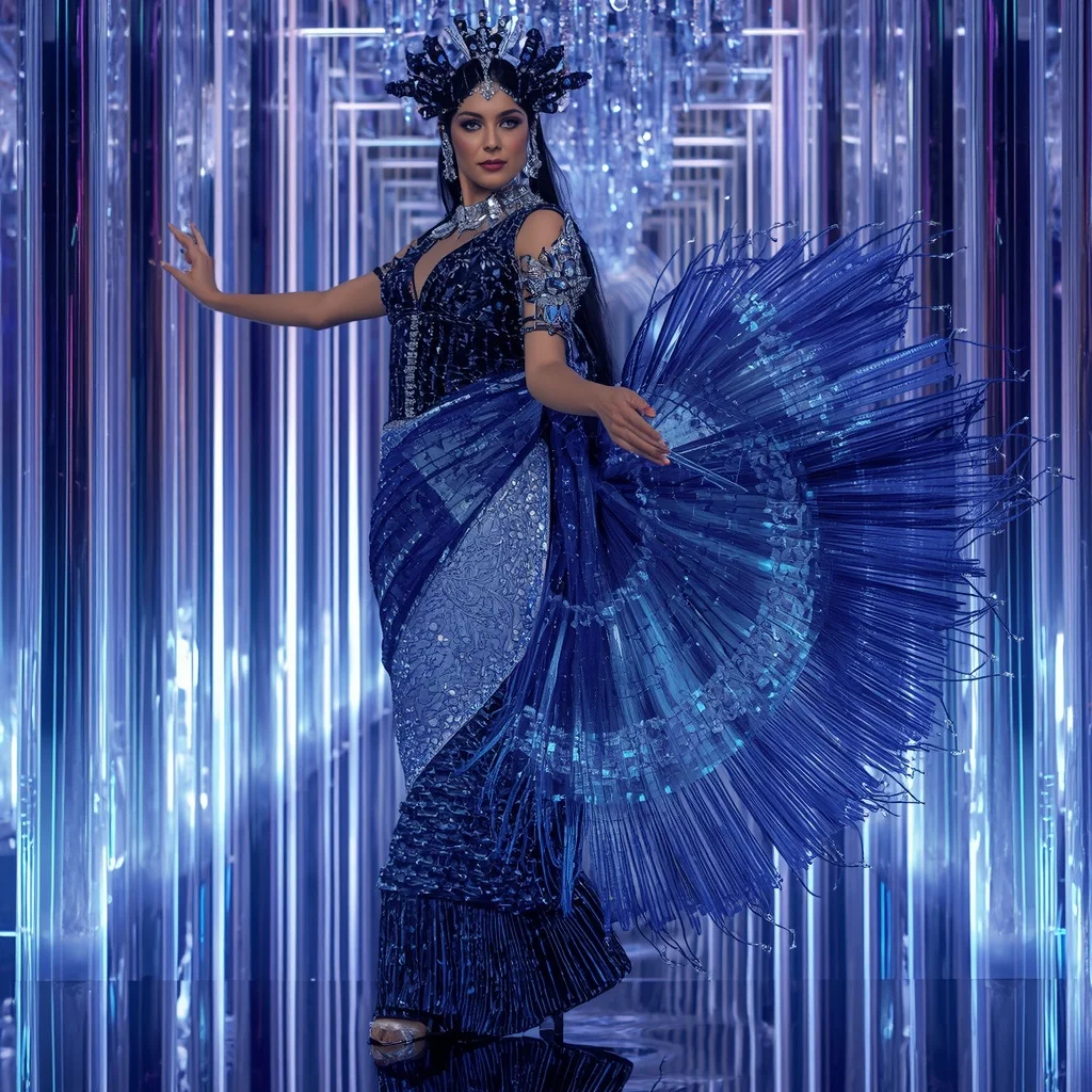 Sapphire Inferno Prism Saree with Infinity Neon Crystal Palace | Ai Image Generator Prompt