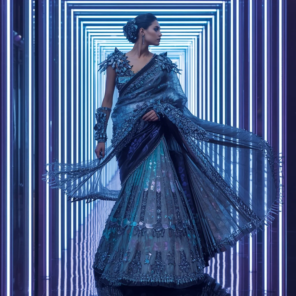 Sapphire Mirage Flame Saree with Infinity Prism Neon Sanctuary | Fashion Ai Prompt