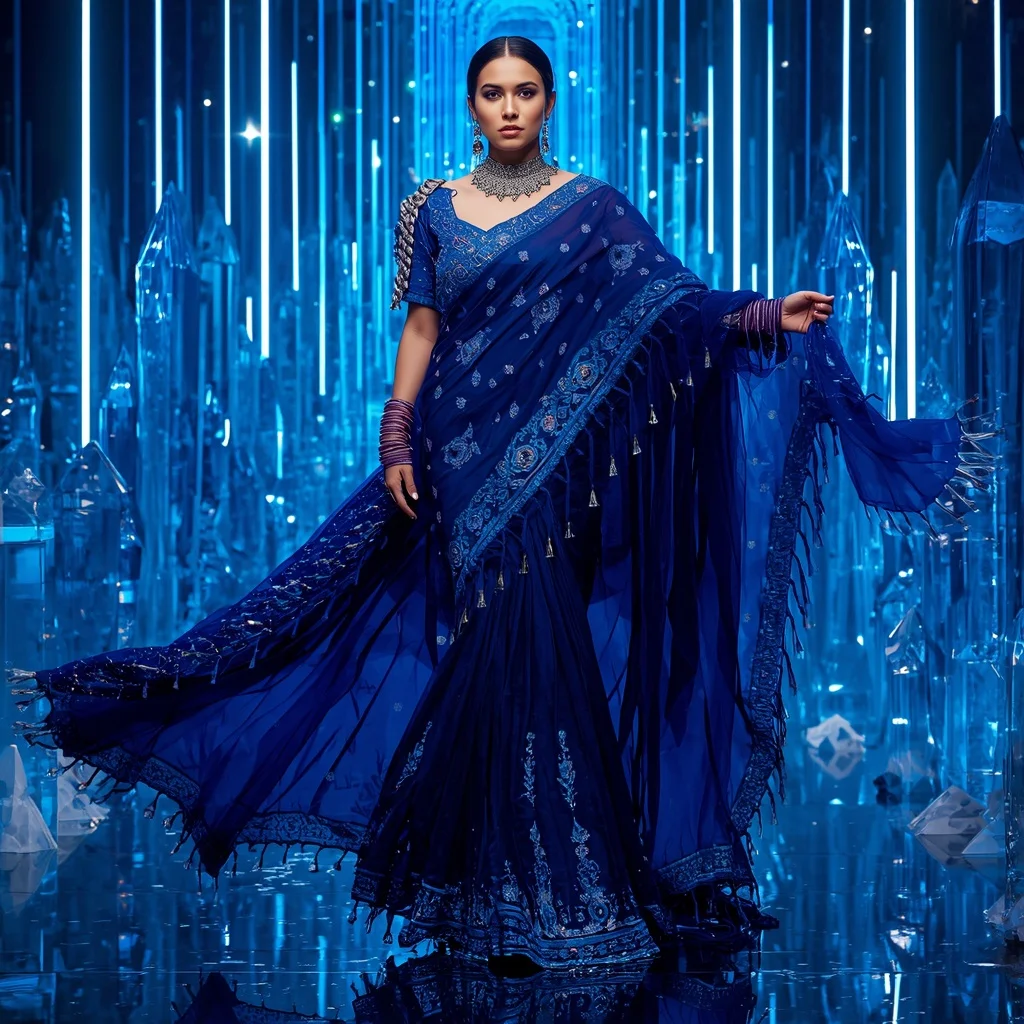 Sapphire Mirage Flame Saree with Neon Infinity Crystal Kingdom | Prompt For Gemini AI Girl Trending