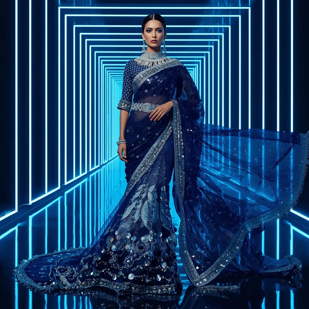 Sapphire Mirage Royale Saree with Neon Infinity Palace | Fitness Model Ai Prompt