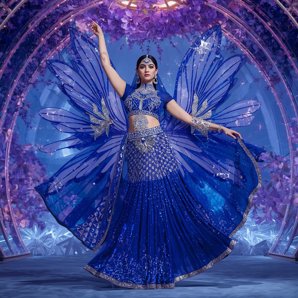Sapphire Moon Butterfly Saree with Celestial Crystal Bloom Dome | Creative Ai Prompt
