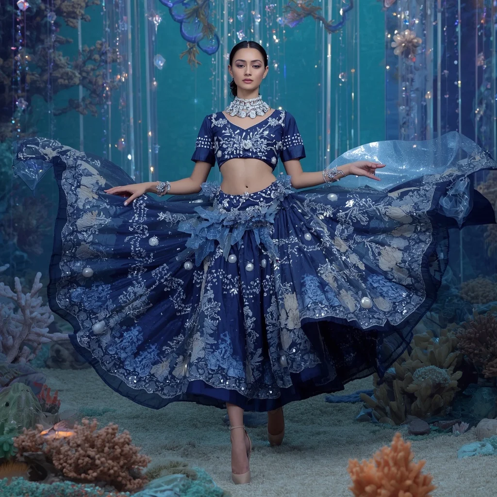 Sapphire Moon Coral Saree with Floating Crystal Reefs and Ocean Dream Kingdom | Selfie Prompt