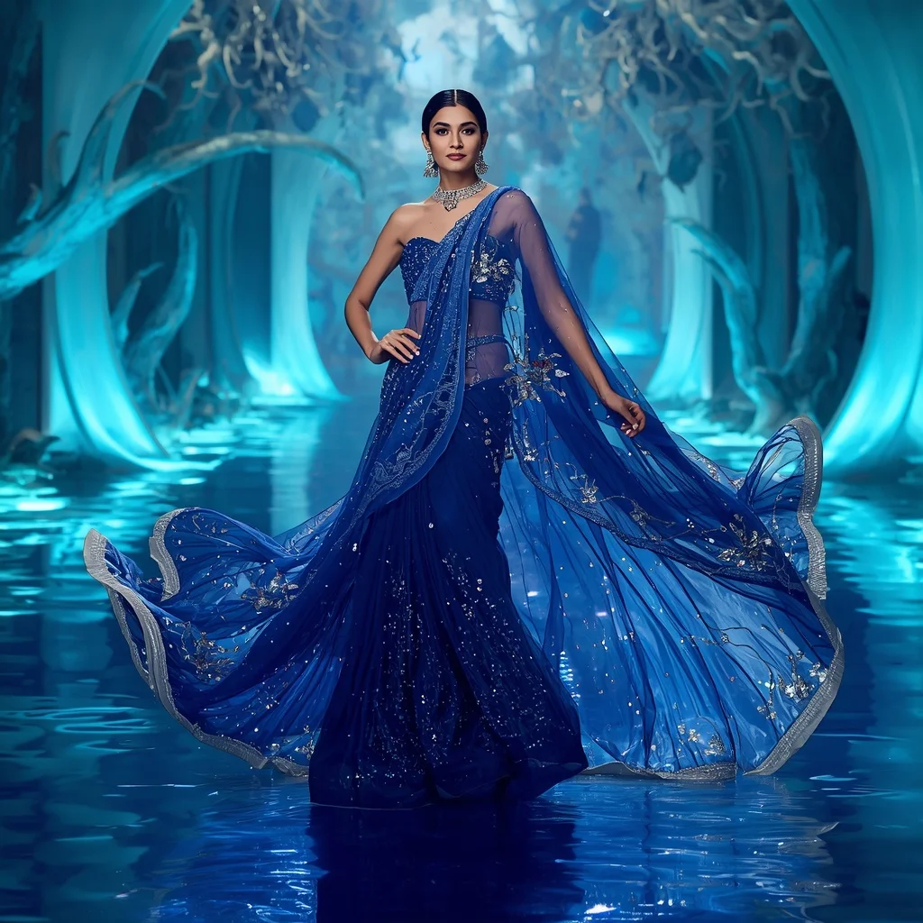 Sapphire Ocean Halo Saree with Floating Water Fantasy Palace | Indian Bride Saree Ai Prompt