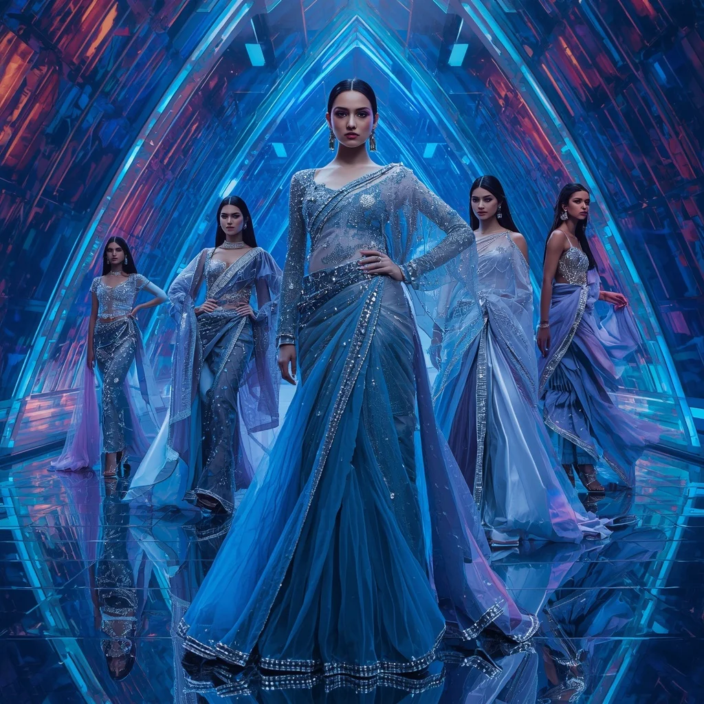 Sapphire Prism Thunder Saree with Neon Aurora Cathedral | Gemini Ai Photo