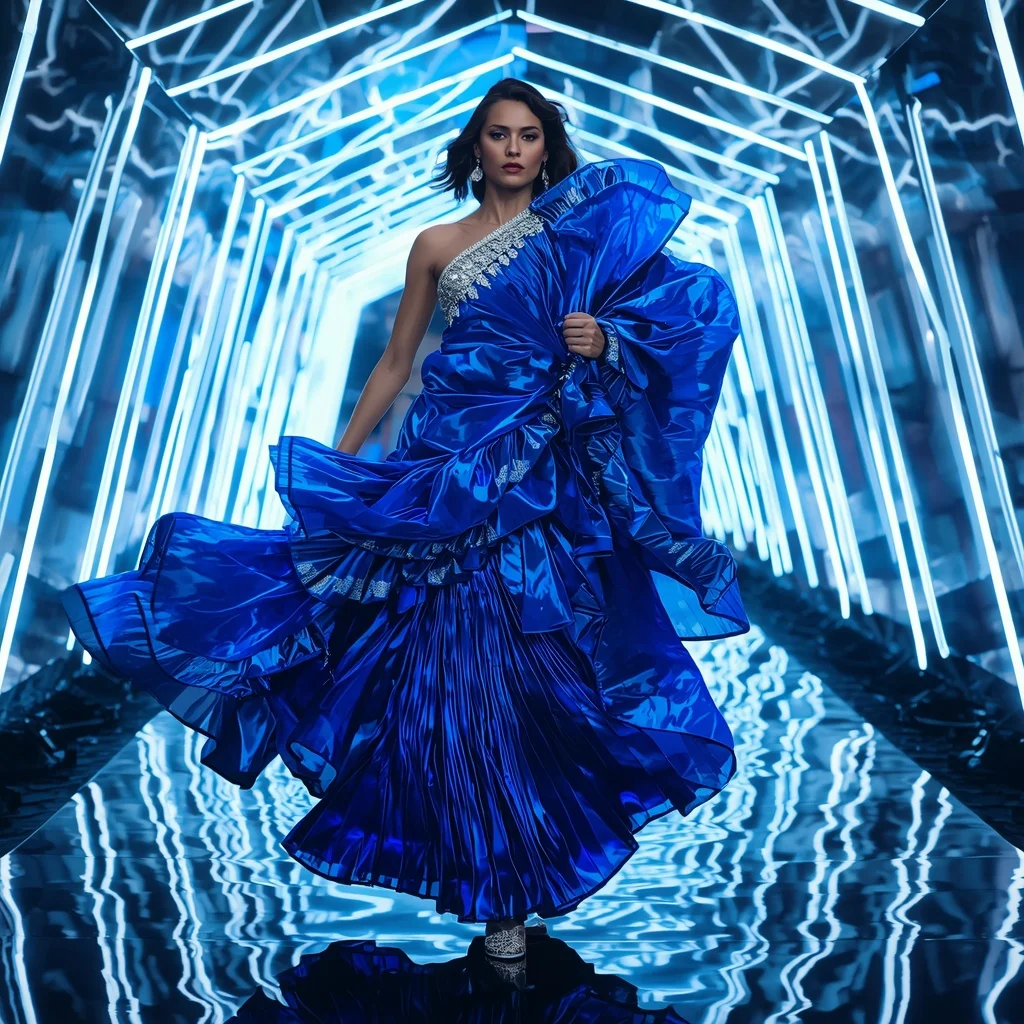Sapphire Thunder Flame Saree with Floating Laser Reflection Tunnel | Motivation Ai Prompt